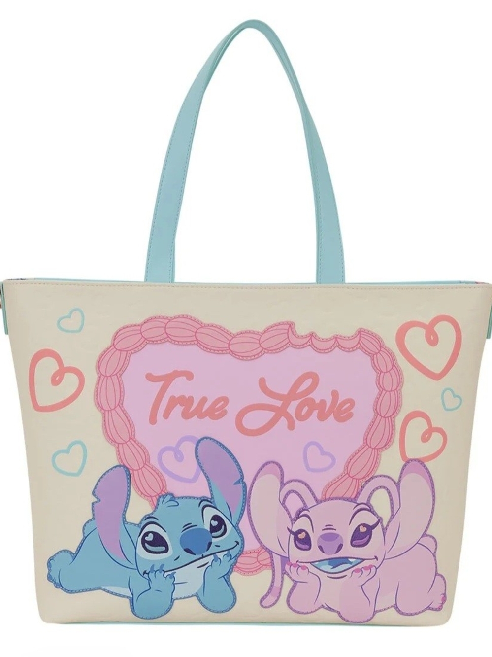 True Love Stitch & Angel Heart Tote Bag - Pink & Blue